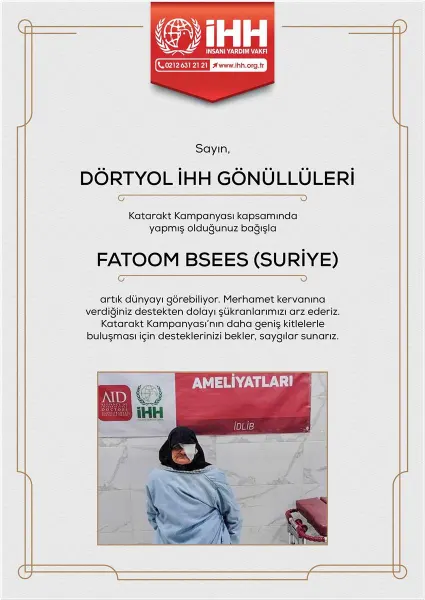 Onurlandırma sertifikası — Bağışçımız adına